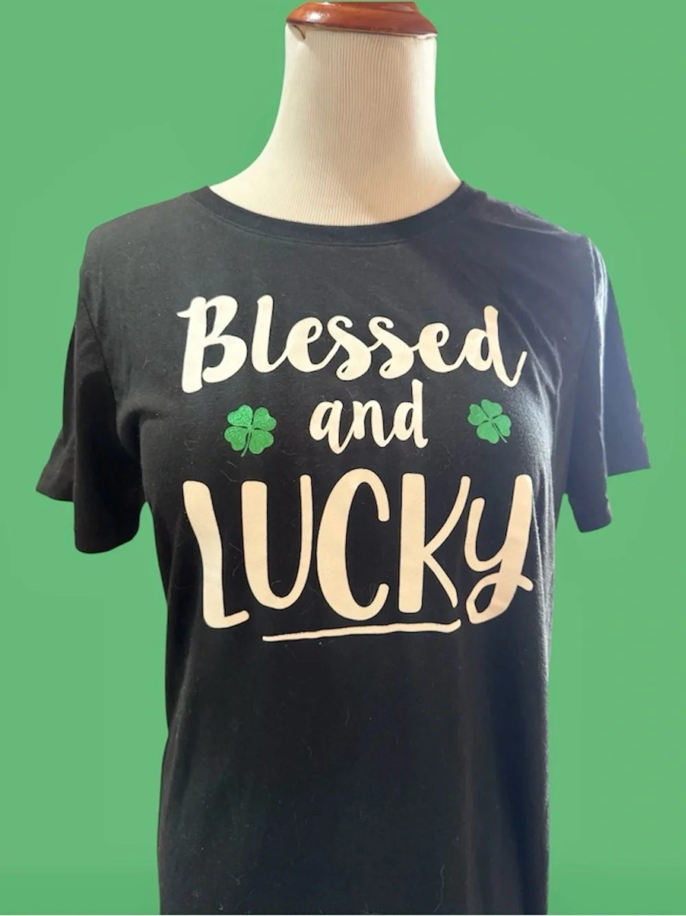 Blessed and Lucky Black and Green Shamrock T‑Shirt Size Med